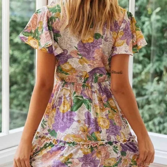 Boho Purple Floral Plunging Neck Front Tie Dress - Picture 5 of 6